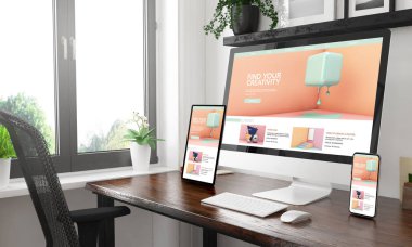 Siyah ve beyaz masaüstü yaratıcılık Öğreticiler Web sitesi gösterilen üç cihazlar ile 