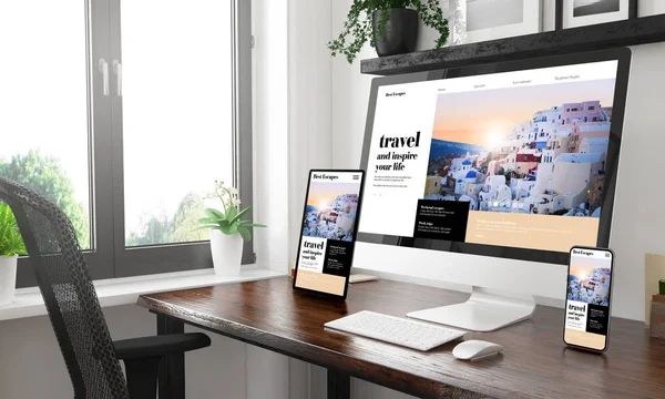 Zwart Wit Desktop Met Drie Apparaten Weergegeven Reisblog — Stockfoto