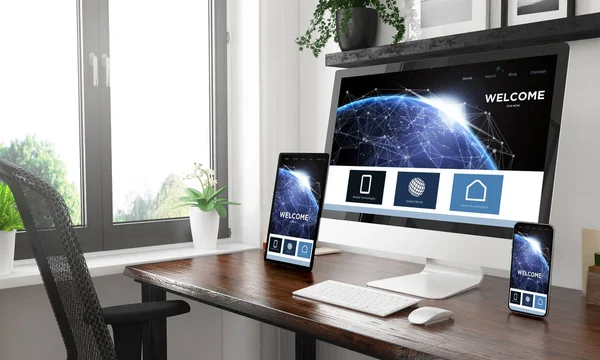 Zwart Wit Desktop Met Drie Apparaten Weergegeven Bestemmingspagina — Stockfoto