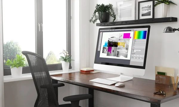 computer on desktop black and white graphic design