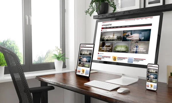 Desktop Hitam Dan Putih Dengan Tiga Perangkat Yang Menampilkan Majalah — Stok Foto