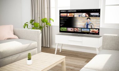 television in Scandinavian interior with gray sofa   clipart