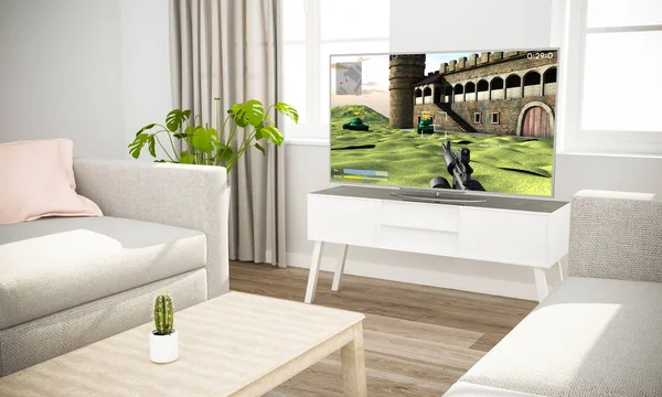 Fernseher Skandinavischen Interieur Mit Grauem Sofa — Stockfoto