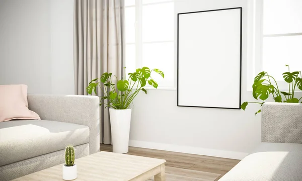 Poster Attrappe Skandinavischen Interieur Mit Grauem Sofa — Stockfoto