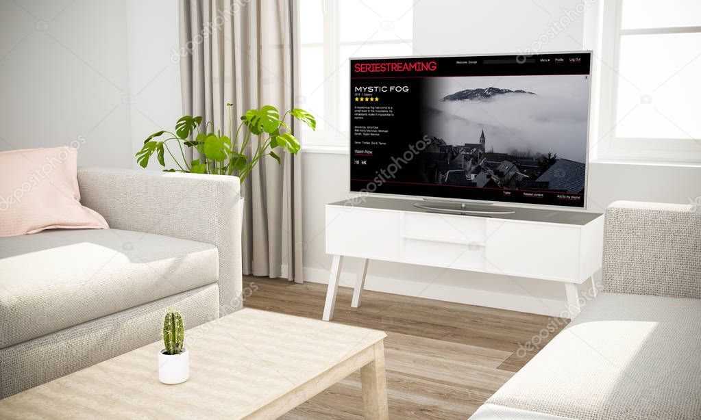 television in Scandinavian interior with gray sofa  