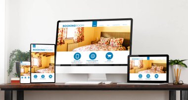 Ön görünüm karşılık veren rezervasyon odası web sitesi aygıtları ev web sitesi 3D görüntüleme