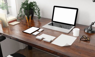 Kurumsal kimlik öğeleri üstünde okul sırası 3d render