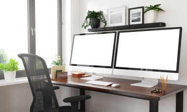 iki mockup ekran 3d render ile siyah beyaz studio