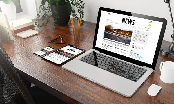 Devices News Wooden Desktop Rendering — Stock Photo, Image