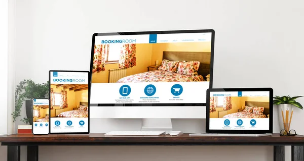 Front View Responsive Booking Rooml Website Devices Home Website Rendering — Stok Foto
