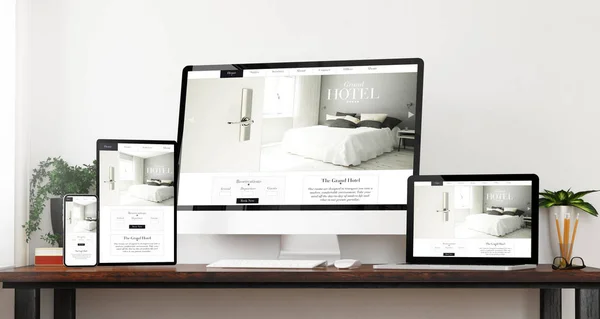 Front View Responsive Hotel Website Devices Home Website Rendering — Stock Photo, Image
