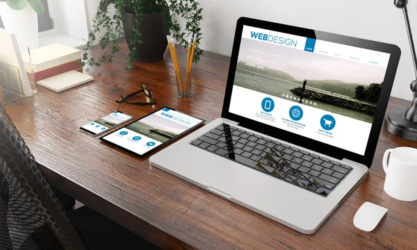 Geräte Webdesign Auf Hölzernem Desktop Rendering — Stockfoto