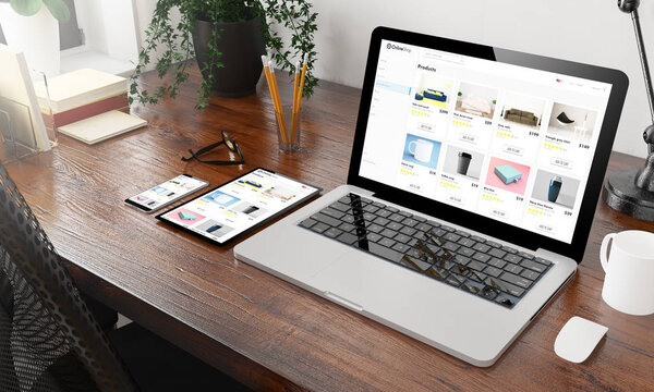 устройства интернет-магазин на деревянном настольном 3D рендеринге