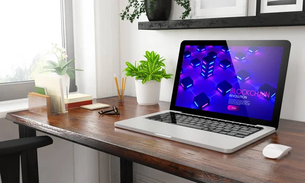 Laptop Home Office Blockchain Rendering — Stok Foto