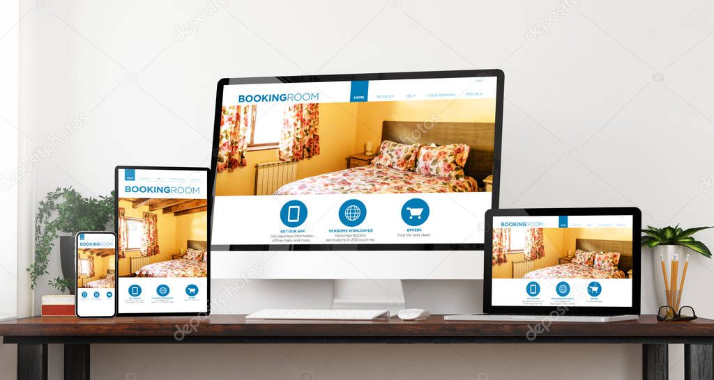 front view responsive booking rooml website devices home website 3d rendering