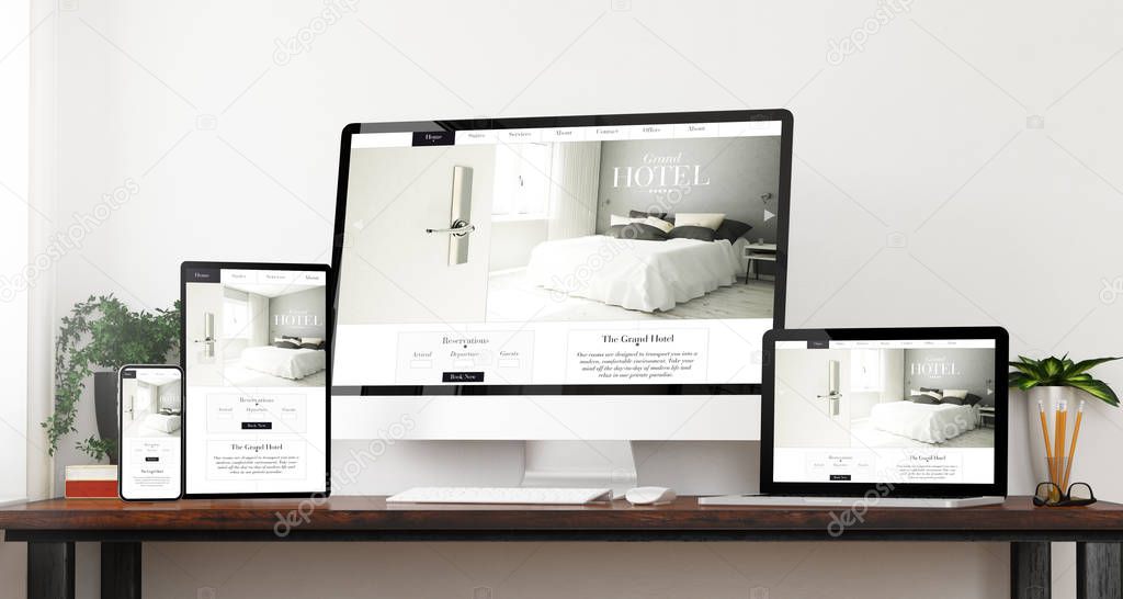 front view responsive hotel website devices home website 3d rendering