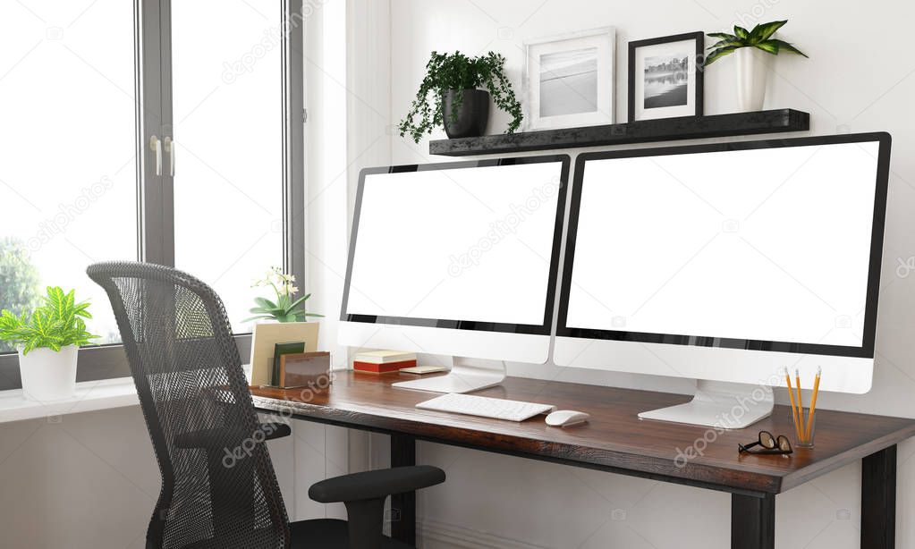 black and white studio with two mockup screens 3d rendering