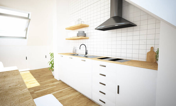 minimal kitchen on attic rear view 3d rendering
