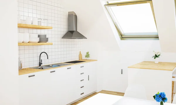 Cucina Bianca Minimale Soffitta Rendering — Foto Stock