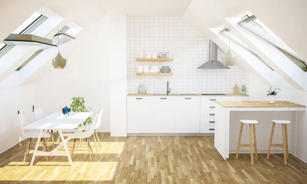 阁楼厨房3D渲染 — 图库照片