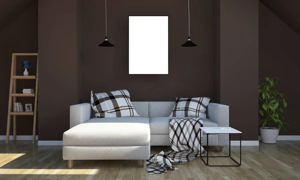 poster mockup on living room 3d rendering