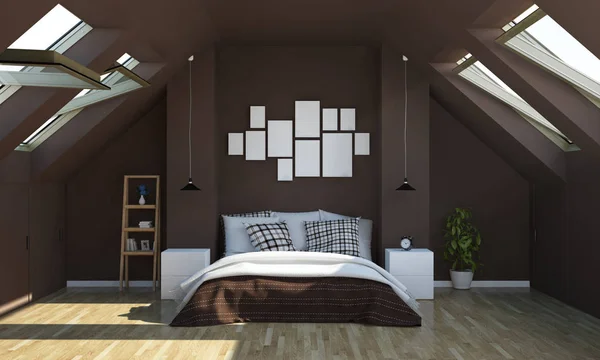 Schokoladenfarbe Schlafzimmer Auf Dem Dachboden Rendering — Stockfoto
