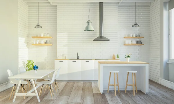 Elegante Cucina Interna Con Isola Cottura Tavolo — Foto Stock