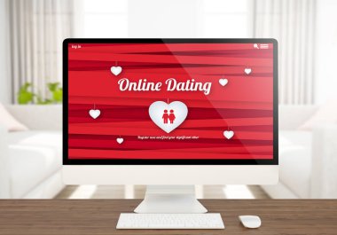 3D render online dating Web sitesi ekran bilgisayar üstünde okul sırası