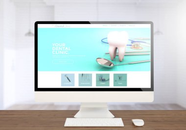 3D render diş Kliniği websitescreen bilgisayar üstünde okul sırası