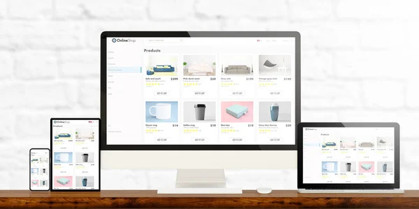 Responsiva Enheter Som Visar Online Shop Rendering — Stockfoto