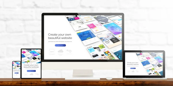 Responsive Devices Showing Website Builder Rendering — Stock Photo, Image