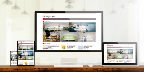 Responsive Devices Showing Magazine Website Rendering — Stock Photo, Image