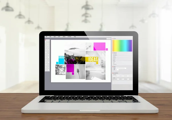 Rendering Von Grafik Design Software Bildschirm Laptop Auf Dem Desktop — Stockfoto