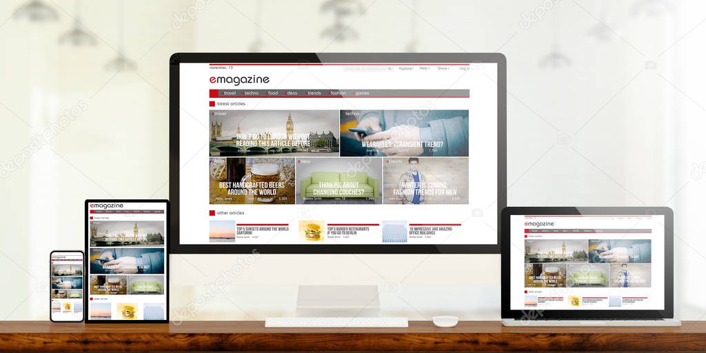 responsive devices showing e-magazine website 3d rendering