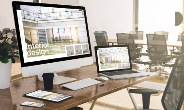 İç tasarım web sitesini gösteren modern ofis 3D görüntüleme aygıtları 