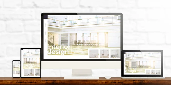 Responsive Devices Showing Interior Design Website Rendering — Stock Photo, Image