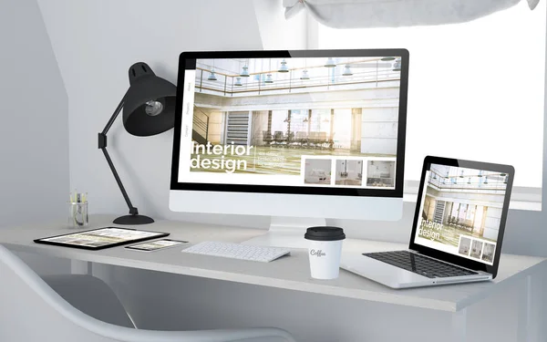 Rendering Workroom Responsive Devices Showing Interior Design Website Screen All — Stok Foto