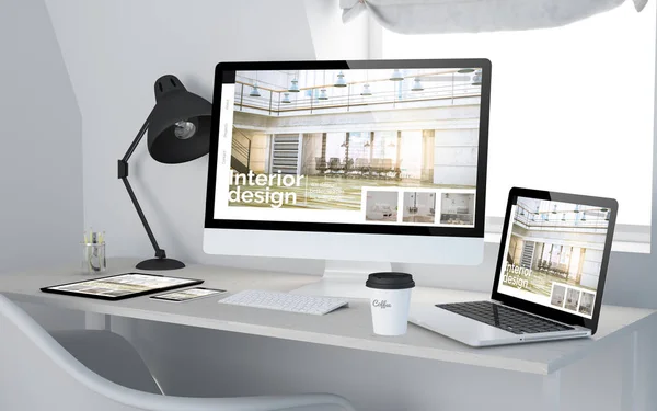 Rendering Workroom Con Dispositivi Reattivi Che Mostrano Sito Web Interior — Foto Stock