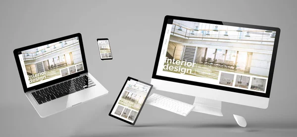 Dispositivos Volantes Con Diseño Interior Sitio Web Responder Diseño Renderizado —  Fotos de Stock