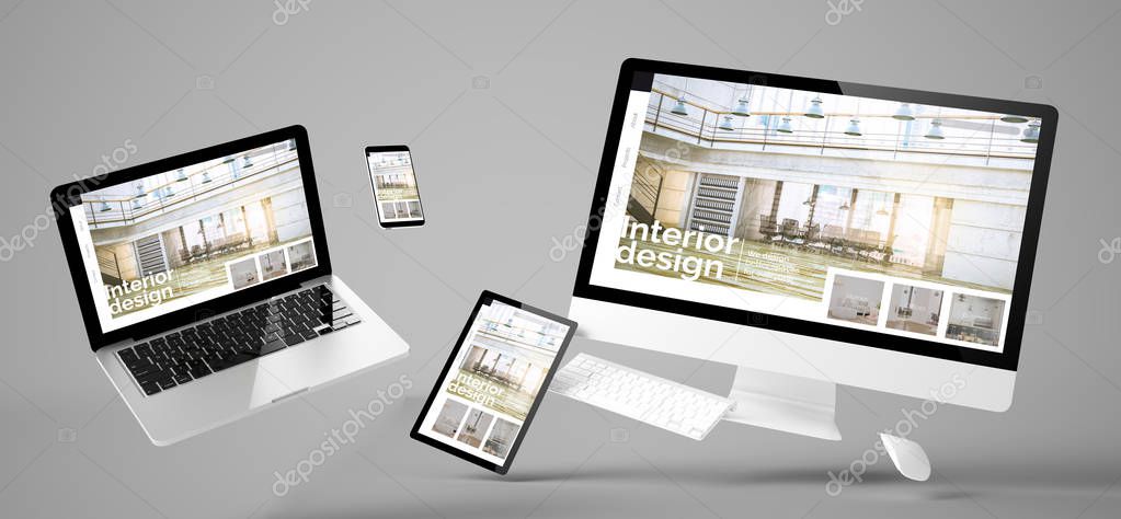 flying devices with interior design website responsive design 3d rendering