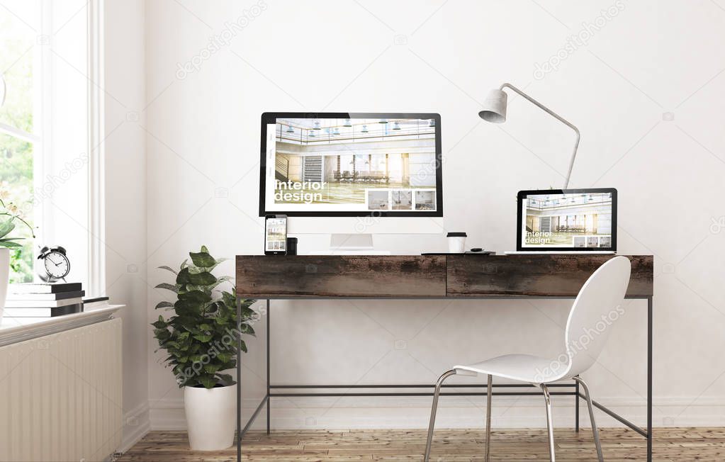 home office devices 3d rendering responsive interior design