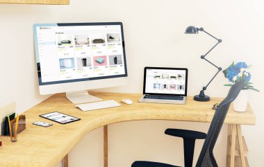 online gösterilen masaüstü köşede duyarlı aygıtlar yanıt veren Web sitesi 3d render mockup alışveriş