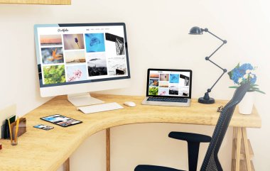 duyarlı cihazlar üstünde okul sırası online portföy Web sitesi 3d render mockup gösterilen köşe