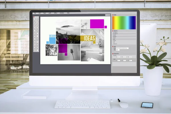 オフィスモックアップ3Dレンダリングでのタイプセットソフトウェア画面コンピュータ — ストック写真