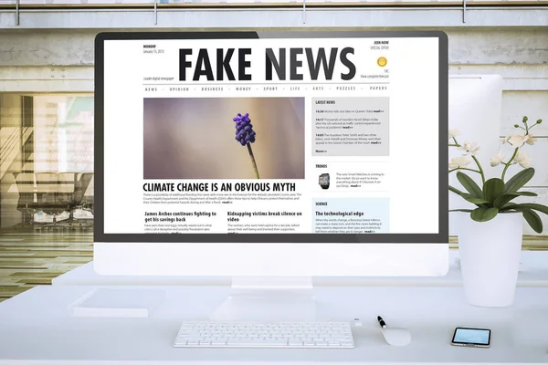 Fake News Bildschirm Computer Büro Mockup Rendering — Stockfoto