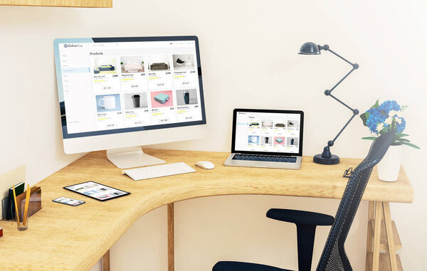 реагирующие устройства на рабочем столе, показывающие интернет-магазин реагировать веб-сайт 3d рендеринга макет
