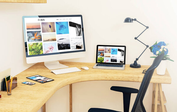 реагирующие устройства на рабочем столе, показывающие веб-сайт портфолио 3d рендеринг макета
