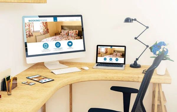 Dispositivos Responsivos Canto Desktop Mostrando Site Reservas Line Renderização Mockup — Fotografia de Stock