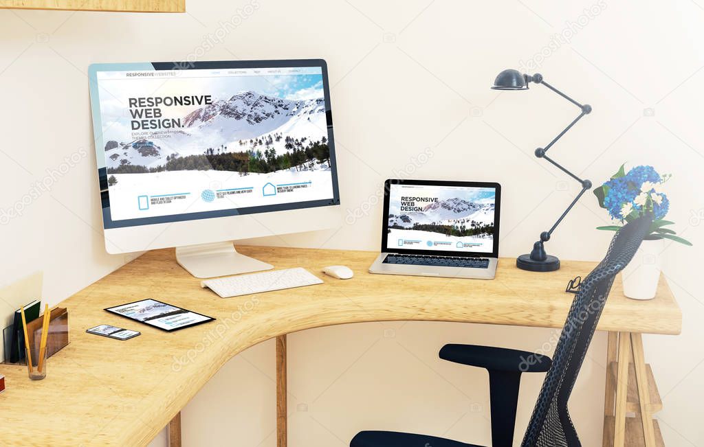 Responsive Gerate Auf Desktop Ecke Zeigt Snow Mountain Responsive