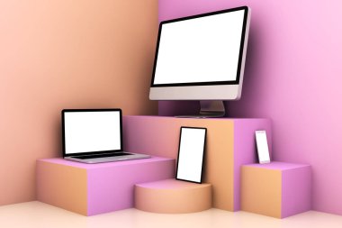 pembe ve turuncu krem sahne 3d render mockup duyarlı cihazlar